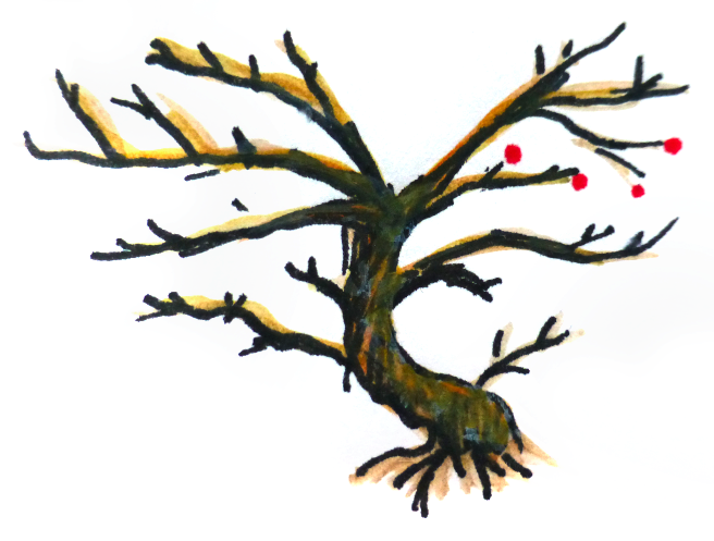 black pen drawing of heart-shaped branching tree with watercolor and colored pen accents